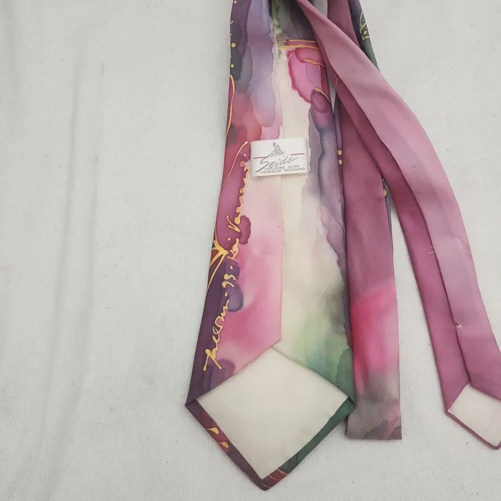 Tie Meier Seide Silk Hand Painted Artist Signed 1993 German VTG Abstract Purple